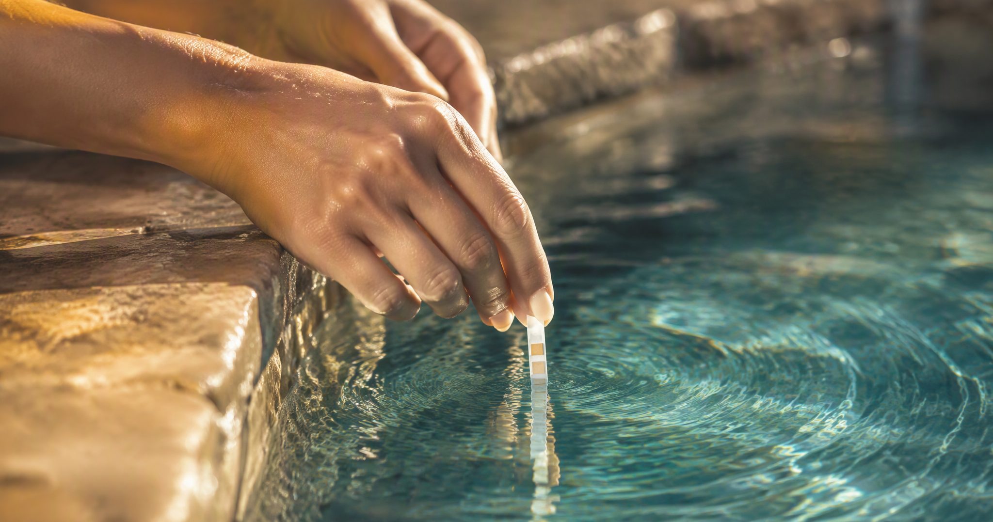 Close-up of a technician's hands holding a water sample up to the light beside a pool