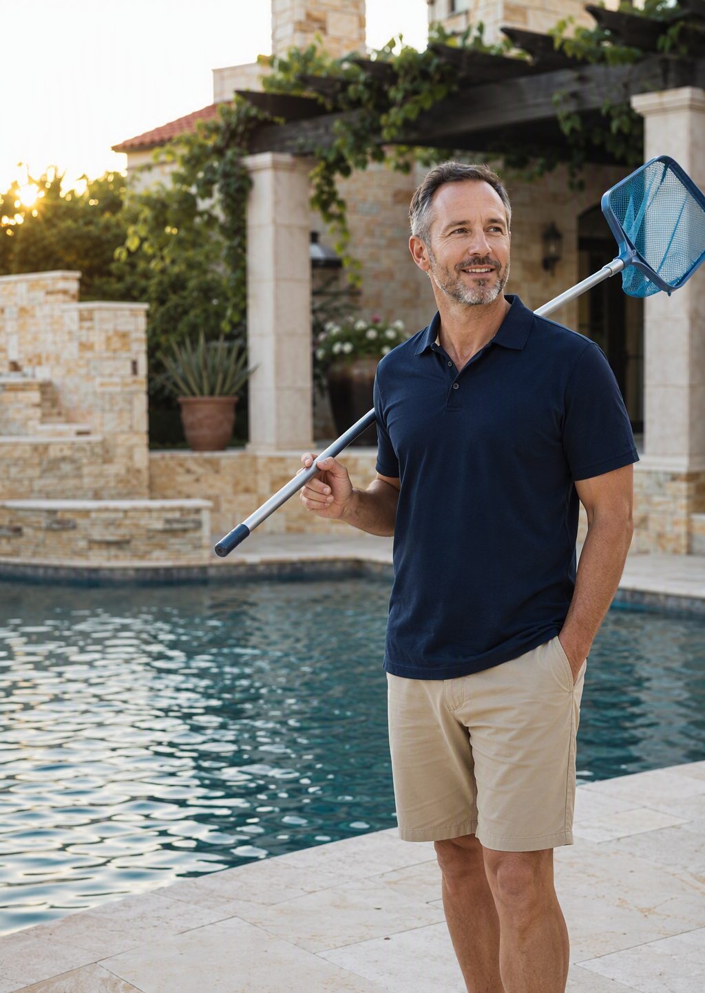 Portrait of the founder of APlus-Pools standing beside a pool at golden hour, holding a water test kit