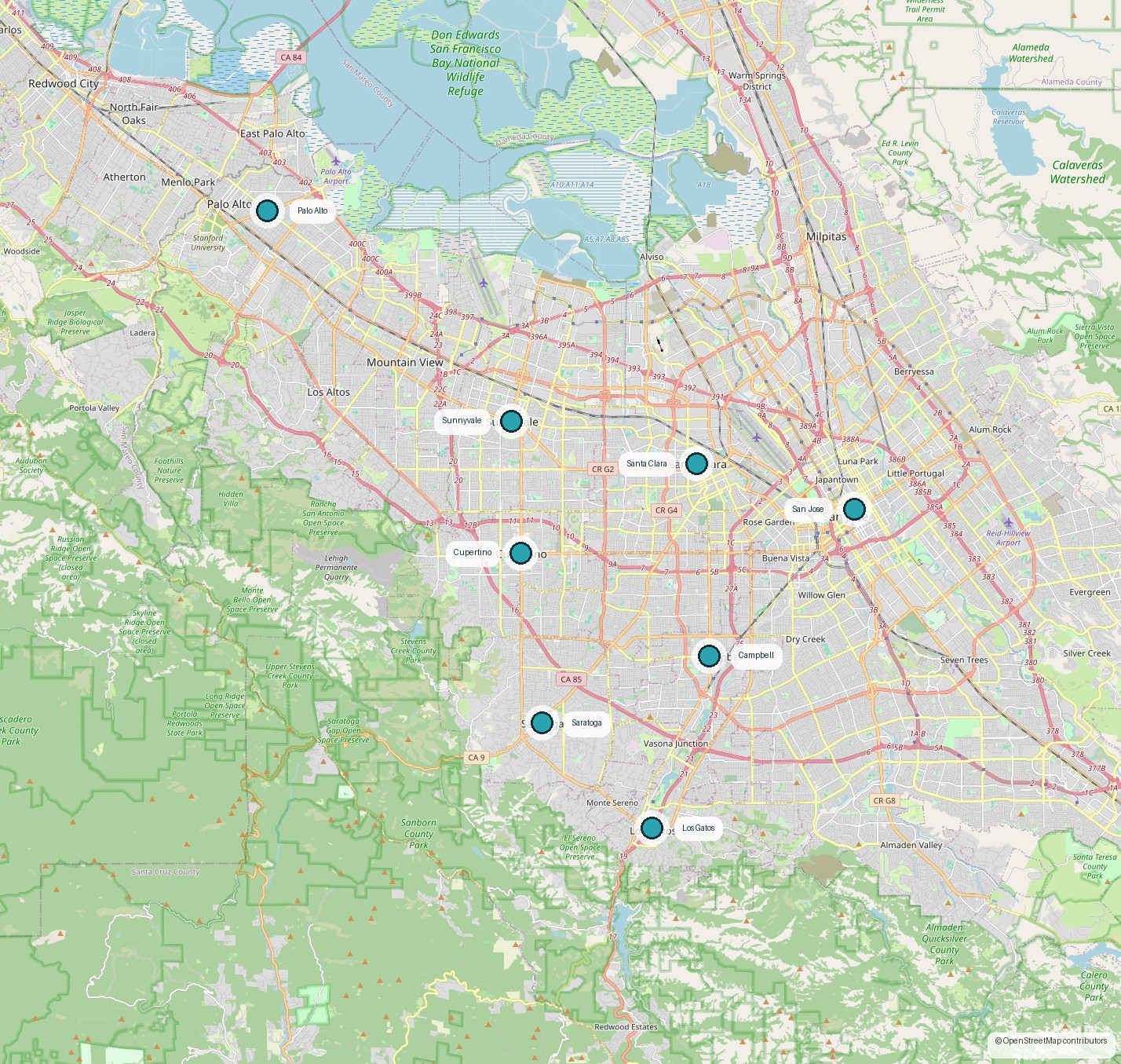 Map of the San Francisco Bay Area showing the 8 communities APlus-Pools serves: San Jose, Santa Clara, Sunnyvale, Campbell, Los Gatos, Saratoga, Cupertino, and Palo Alto