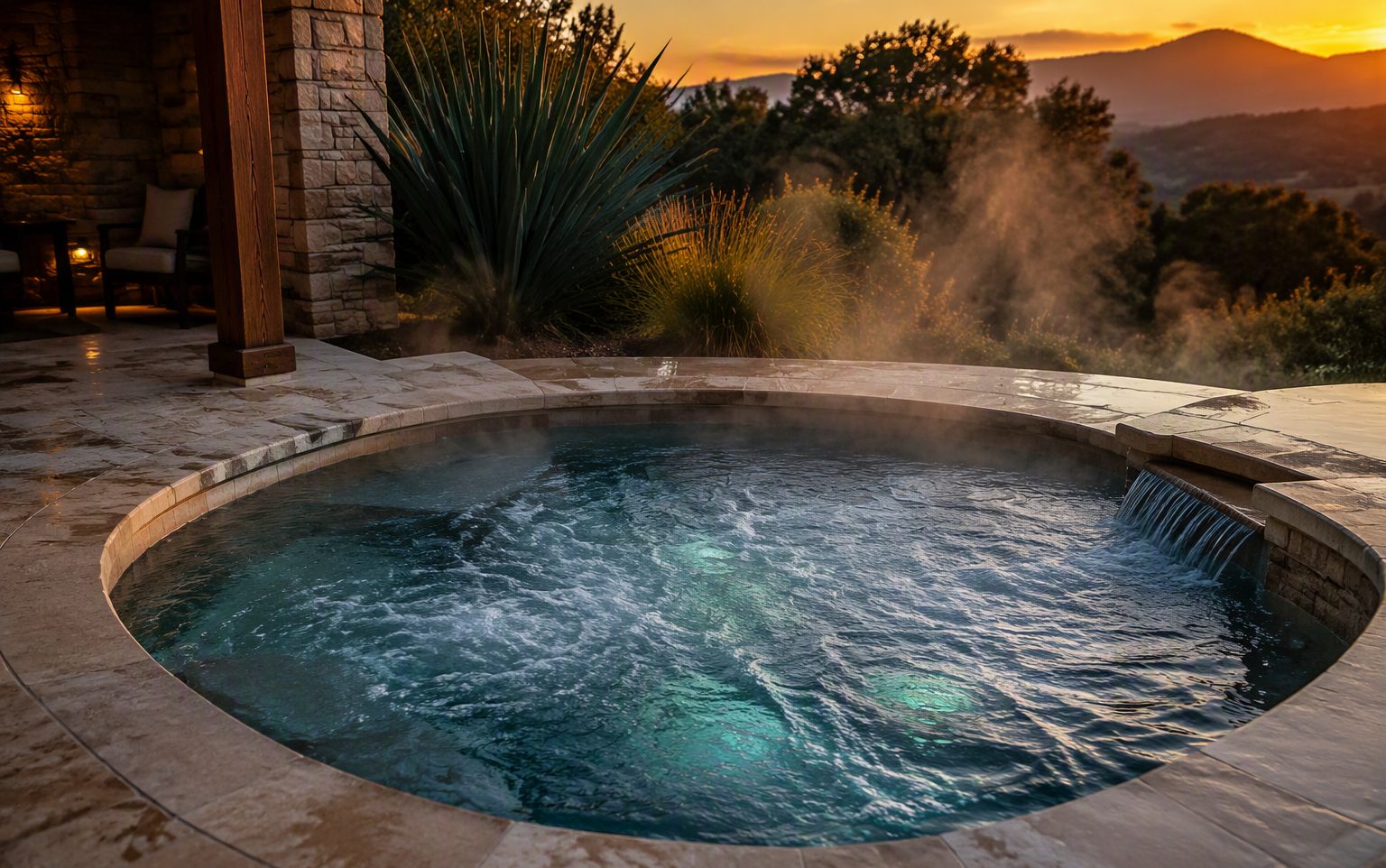 In-ground spa hot tub flush-set into a stone patio, steaming at blue hour